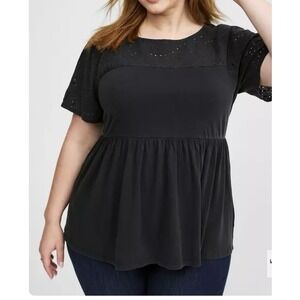 Torrid Vintage Cotton Jersey‎ Crew Neck Eyelet Yoke Babydoll Top size 1X